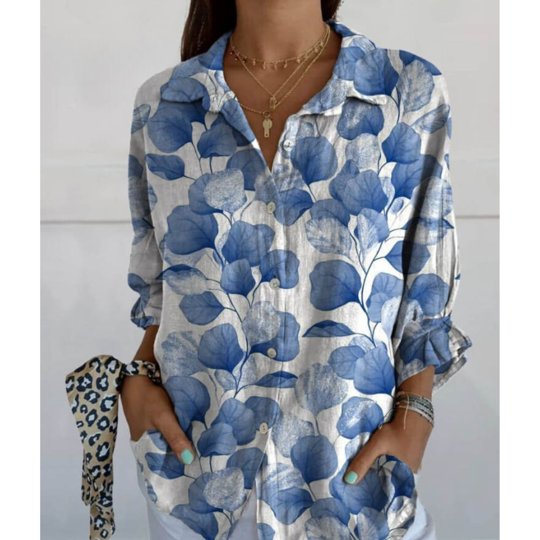 Erena™️ | Women's Vintage Floral Art Print Casual Linen V-neck Shirt - Bumbalu Israel בכחול/לבן / S